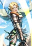  1girl armor blonde_hair breastplate breasts feathers fire_emblem fire_emblem:_three_houses flying fur_collar green_eyes haru_(toyst) holding holding_weapon ingrid_brandl_galatea long_sleeves looking_at_viewer open_mouth outdoors polearm riding short_hair sky solo weapon 