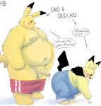  2022 anthro balls band-aid bandage belly blush bodily_fluids butt clothing cum cum_on_face duo english_text genital_fluids genitals hi_res male male/male moobs navel nintendo nipples overalls overweight overweight_male penis pichu pikachu pok&eacute;mon pok&eacute;mon_(species) text trashtoonz video_games yellow_body young 