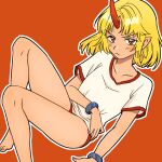  1girl angry bare_legs barefoot blonde_hair breasts buruma closed_mouth collarbone cuffs feet_out_of_frame highres horns mizuhashi_parsee orange_background pointy_ears red_buruma red_eyes red_horns shirt short_sleeves sibata_maru simple_background single_horn small_breasts touhou v-shaped_eyebrows white_shirt 