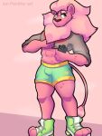  anthro biped bodily_fluids bottled_water bottomwear cartoon_network clothed clothing clothing_lift felid footwear fur green_bottomwear green_clothing green_eyes green_shorts hair hand_on_chest hi_res ian_panther jacket lion lion_(steven_universe) male mammal mane pantherine pink_body pink_fur rolled_up_sleeves shoes shorts solo steven_universe sweat tail_tuft topwear tuft white_hair white_mane 