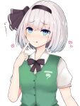  1girl :p black_bow black_hairband black_neckwear black_ribbon blue_eyes bob_cut bow bowtie breasts collared_shirt finaltakenoko finger_to_mouth green_vest hair_ribbon hairband highres konpaku_youmu ribbon shirt short_hair short_sleeves silver_hair simple_background small_breasts solo tongue tongue_out touhou vest white_background white_shirt 