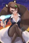  animal_ears black_footwear black_jacket black_legwear black_skirt breasts brown_hair business_suit cleavage collarbone collared_shirt crossed_legs formal futatsuiwa_mamizou glasses grin highres jacket ke-su leaf leaf_on_head long_sleeves miniskirt office_lady official_alternate_costume pantyhose pencil_skirt raccoon_ears raccoon_tail shirt short_hair skirt skirt_suit smile suit sunglasses tail tanuki touhou 