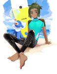 1boy alternate_costume arm_support barefoot beach bodysuit border bubble closed_mouth cloud commentary_request dark-skinned_male dark_skin day green_hair grey_eyes hau_(pokemon) looking_at_viewer male_focus ocean outdoors outside_border panco500 pokemon pokemon_(creature) pokemon_(game) pokemon_sm popplio sand shore short_hair sitting sky smile surfboard toes water wetsuit white_border 