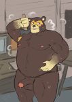  2021 animal_crossing anthro balls belly blush bodily_fluids brown_body detailed_background genitals hammer hi_res hickeybickeyboo humanoid_genitalia humanoid_hands humanoid_penis ike_(animal_crossing) inside male mammal moobs nintendo nipples overweight overweight_male penis solo sweat tools ursid video_games 