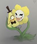  1_eye anthro bill_cipher bodily_fluids boss_monster bovid bow_tie caprine clothing disney duo flower flowey_the_flower gfolz gravity_falls hat headgear headwear mammal not_furry plant saliva saliva_on_body saliva_on_tongue simple_background smile tears triangle_(shape) undertale undertale_(series) video_games yellow_body 