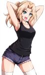  1girl :d armpits arms_up bare_arms black_shirt blonde_hair blue_eyes collarbone cowboy_shot eyebrows_visible_through_hair girls_und_panzer grey_shorts hair_intakes hands_in_hair highres kay_(girls_und_panzer) long_hair looking_at_viewer omachi_(slabco) open_mouth ponytail shiny shiny_hair shiny_skin shirt short_shorts shorts simple_background sleeveless sleeveless_shirt smile solo standing thighhighs white_background white_legwear zettai_ryouiki 