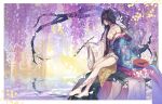  1girl absurdres bangs bare_legs bare_shoulders barefoot black_hair bodypaint breasts dappled_sunlight day double_bun flower hair_cones hair_ornament highres holding holding_paintbrush ink japanese_clothes kachou_fuugetsu_(onmyoji) kimono lake long_hair looking_down magic medium_breasts multiple_girls nail_polish nature obi off_shoulder onmyoji outdoors outside_border outstretched_hand paintbrush purple_eyes purple_nails ribbon sash scroll sitting sleeves_past_fingers sleeves_past_wrists solo sunlight toenail_polish toenails tree under_tree very_long_hair water waterfall white_flower white_footwear wide_sleeves wisteria zranin 