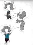  anthro blue_eyes bottomwear canid canine cigarette clothed clothing cute_fangs eyebrows felid feline fur group hair hi_res mammal pencil_skirt purple_eyes red_eyes simple_background skirt smile smoke smoking suit swing-tale tem temmie_(undertale) undertale undertale_(series) video_games white_body white_fur 