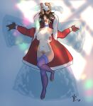  anthro antlers big_breasts breasts capreoline cervid choker christmas clothed clothing coat female genitals hair hi_res holidays horn jewelry lavasi legwear looking_up looking_up_at_viewer lying mammal multicolored_hair necklace on_back open_clothing open_coat open_topwear outside presenting pussy reindeer snow snow_angel solo stockings topwear two_tone_hair 