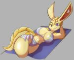  anthro armadillo big_breasts bikini breasts clothing female fur hi_res lying mammal on_side on_towel one_eye_closed solratic swimwear towel wink xenarthran yellow_body yellow_fur 