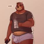  2020 absurd_res anthro belly brown_body bulge clothing eyes_closed facial_piercing hi_res male mammal mug nose_piercing nose_ring overweight overweight_male piercing rovindeer shirt solo text tired topwear underwear ursid 