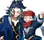  2boys adaman_(pokemon) bangs black_hair black_shirt blue_coat blue_hair clenched_hand closed_eyes coat collar collarbone commentary_request eyebrow_cut green_hair grey_jacket grin hand_on_another&#039;s_head hand_up hat highres jacket male_focus miyukiyo multicolored_hair multiple_boys outstretched_arm pokemon pokemon_(game) pokemon_legends:_arceus red_headwear rei_(pokemon) shirt short_hair simple_background smile teeth tied_hair twitter_username white_background 
