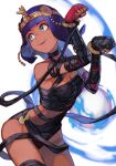  1girl alternate_costume asymmetrical_gloves bandages beads blue_eyes breasts choker circlet closed_mouth crown crystal_ball dark-skinned_female dark_skin egyptian egyptian_clothes gloves hungry_clicker medium_breasts medium_hair menat mummy paw_pose purple_hair red_gloves sarashi simple_background smile solo street_fighter street_fighter_v white_background 