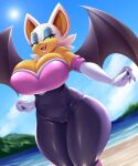  2022 absurd_res anthro camel_toe chiropteran clothed clothing digital_media_(artwork) eyelashes eyeshadow female fingers half-closed_eyes hi_res looking_at_viewer makeup mammal mleonheart narrowed_eyes open_mouth outside rouge_the_bat sega solo sonic_the_hedgehog_(series) wings 