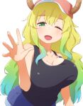  1girl absurdres arm_up bangs black_shirt blonde_hair blue_shorts blush breasts cleavage collarbone dragon_girl dragon_horns eyebrows_visible_through_hair gradient_hair green_eyes green_hair hat highres horns kobayashi-san_chi_no_maidragon large_breasts long_hair looking_at_viewer lucoa_(maidragon) multicolored_hair one_eye_closed open_hand open_mouth red_headwear shirt short_shorts shorts simple_background sleeveless sleeveless_shirt smile solo white_background yaaben 