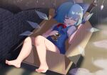  1girl ahoge bare_legs barefoot black_umbrella blue_bow blue_dress blue_hair bow bowtie box breasts cardboard_box cirno closed_eyes collared_shirt commentary_request dress eyebrows_visible_through_hair fang hair_bow highres hxj_(2324184595) ice ice_wings on_box open_mouth pinafore_dress puffy_short_sleeves puffy_sleeves rain red_bow red_bowtie shirt short_hair short_sleeves sitting sitting_on_box skin_fang sleeping small_breasts sword tassel thick_eyebrows toes touhou umbrella water_drop weapon white_shirt wings 