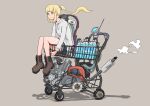  1girl android blonde_hair boots cable engine gatling_santouhei green_eyes highres hood hoodie long_hair original pipes ponytail shopping_cart short_shorts shorts simple_background sitting solo 