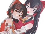  2girls :d :t ascot bangs black_eyes black_hair blush bow breasts bright_pupils brown_eyes closed_mouth collared_shirt commentary cookie_(touhou) detached_sleeves dutch_angle frilled_bow frilled_hair_tubes frills hair_bow hair_tubes hakurei_reimu hirunebu_oekaki hug long_hair looking_at_viewer medium_breasts multiple_girls open_mouth red_bow red_shirt sananana_(cookie) sarashi shinonome_(cookie) shirt short_hair simple_background sleeve_bow sleeveless sleeveless_shirt smile touhou upper_body white_background white_pupils white_shirt white_sleeves yellow_ascot 