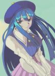  1girl bangs blue_eyes blue_hair blue_headwear breasts closed_mouth cross-laced_clothes eyebrows_visible_through_hair hat large_breasts long_hair long_sleeves multicolored_background pink_skirt pleated_skirt skirt smile solo split_mouth tsutsumi_nanase v_arms vaison zero_one_sp 