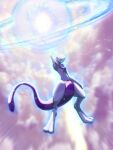  above_clouds absurdres arm_up blue_eyes commentary_request elyoncat energy_ball full_body glowing glowing_eyes highres mewtwo no_humans pokemon pokemon_(creature) toes 