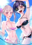  2girls :d :o absurdres armlet bangs belly_chain bikini black_bikini black_clover black_hair blue_sky blush bow bracelet breasts chain_belt cleavage criss-cross_halter day eyepatch frilled_bikini frills frit_2 front-tie_bikini front-tie_top grin halterneck highres insignia jewelry lens_flare light_rays long_bangs long_eyelashes long_hair looking_at_viewer medium_breasts midriff multi-strapped_bikini multiple_girls navel noelle_silva o-ring o-ring_bikini o-ring_top one_eye_covered open_mouth outdoors parted_bangs pink_eyes purple_eyes red_eyes short_hair side-tie_bikini sideboob sidelocks silver_hair skindentation sky smile spade_(shape) string_bikini sun sunbeam sunlight swimsuit twintails vanica_zogratis water 