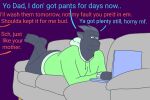  anthro bare_butt barefoot blue_eyes bottomless clothed clothed/nude clothing computer dark_body dark_skin dialogue dragon drew_the_mountain feet furniture hoodie horn incest_(lore) laptop male nude sofa solo sweater sweater_only topwear topwear_only 