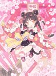  +_+ 1girl animal_ears bangs bare_shoulders black_hair black_skirt blade_(galaxist) blush bow cat_ears cat_girl cat_tail cherry_blossoms colored_inner_hair commentary_request detached_sleeves dot_nose fang floral_background floral_print flower frills hair_flower hair_ornament japanese_clothes long_hair long_sleeves looking_at_viewer multicolored_hair multiple_tails nekoyama_nae obi open_mouth orange_eyes paw_pose paw_print pink_background pink_bow pink_flower pink_hair pleated_skirt ribbon sandals sash skin_fang skirt smile solo striped striped_legwear tabi tail tail_bow tail_ornament tail_ribbon thighhighs toranoana torii two-tone_hair two_side_up two_tails very_long_hair virtual_youtuber white_flower wide_sleeves yellow_bow 
