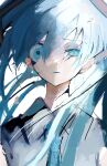  1girl aqua_eyes aqua_hair aqua_necktie black_shirt collared_shirt commentary_request crack cracked_skin eyebrows_visible_through_hair hatsune_miku highres long_hair looking_at_viewer necktie sad shirt simple_background siun_5513 solo twintails vocaloid white_background 