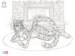  2022 4_toes 5_fingers anthro breasts chest_tuft feet felid female fingers fire fireplace fur greyscale inner_ear_fluff inside jaguar kacey looking_at_viewer lying mammal monochrome navel nipples nude on_side pantherine rug smile solo spots spotted_body spotted_fur toes tuft 