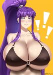  ! bangs bikini bikini_top_only biting black_bikini breasts cleavage eiken gigantic_breasts huge_breasts lip_biting long_hair misono_kirika o-ring o-ring_top ponytail purple_eyes purple_hair shiny shiny_skin simple_background solo swimsuit twrlare very_long_hair 