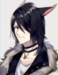  1boy absurdres animal_ears black_hair cat_ears choker chromatic_aberration final_fantasy final_fantasy_xiv fur_trim grey_background hair_over_one_eye highres jacket jewelry looking_at_viewer male_focus medium_hair miqo&#039;te motsuni_(lxxe1120) one_eye_covered pendant portrait red_eyes simple_background solo 