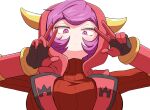  1girl blush bob_cut breasts courtney_(pokemon) dot_mouth dot_nose double_v fake_horns highres hood horned_headwear horned_hood horns kurachi_mizuki large_breasts looking_at_viewer looking_down pokemon pokemon_(game) pokemon_rse purple_eyes purple_hair ribbed_sweater sweater team_magma team_magma_uniform upper_body v 