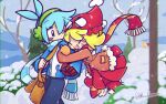  1boy 1girl :d ahoge amitie_(puyopuyo) aqua_scarf bag bangs blonde_hair blue_eyes blue_hair blue_scarf blue_sky blush bush carbuncle_(puyopuyo) clinging closed_eyes coat creature day earmuffs full_body fur_trim hair_between_eyes hat highres macaheroes messenger_bag mittens one_eye_closed open_mouth orange_scarf outdoors pants puyopuyo red_scarf scarf short_hair shoulder_bag sig_(puyopuyo) sky smile snow snowing striped striped_scarf swept_bangs winter winter_clothes winter_coat 