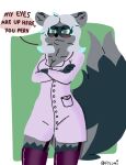  angry anthro blushing_profusely breasts cleavage clothed clothing coat dialogue domestic_ferret female femlumi(fylumi) fluffy fluffy_tail fur fylumi grey_body grey_fur hair hi_res hybrid lab_coat legwear looking_at_viewer mammal mustela mustelid musteline neck_tuft procyonid raccoon raised_tail shaded simple_background simple_nose simple_shading solo solo_focus speech_bubble talking_to_viewer thigh_highs toony topwear true_musteline tuft white_hair 