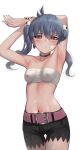  1girl arms_up bangs belt black_shorts blue_hair blush chest_sarashi choker closed_mouth covered_nipples earrings highres jewelry long_hair looking_at_viewer navel original pink_eyes sarashi short_shorts shorts simple_background solo standing stomach torriet twintails white_background 