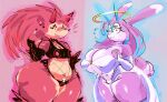  anthro armwear big_breasts black_armwear black_clothing blue_antlers breasts brown_body clothing duo eulipotyphlan female fishnet_clothing halo hedgehog hi_res kiseff lagomorph looking_at_viewer mammal multicolored_body pink_body thick_thighs white_clothing wide_hips 