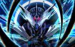  1boy armor black_hole blue_armor cross-z_evol dragon finishing_move fist_in_hand glowing glowing_eyes highres kamen_rider kamen_rider_build_(series) kamen_rider_cross-z looking_at_viewer male_focus muscle_galaxy_fullbottle ni_celery_pk science_fiction tokusatsu twitter_username upper_body western_dragon white_eyes 