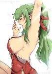  1girl armpits arms_up bangs bare_shoulders blush breasts dress fire_emblem fire_emblem_awakening fire_emblem_heroes from_side green_eyes green_hair highres large_breasts long_hair open_mouth pointy_ears ponytail profile red_dress sideboob simple_background sleepy solo strapless strapless_dress tiki_(fire_emblem) tired vialnite waking_up yawning 