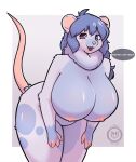  anthro areola big_areola big_breasts blue_body blue_eyes blue_fur blue_hair blush blush_lines breasts claws digital_media_(artwork) english_text female fur gloves_(marking) grey_body grey_fur hair hand_on_hip hand_on_leg hand_on_thigh heterochromia hi_res huge_breasts looking_at_viewer mammal markings mouse multicolored_body multicolored_fur murid murine nipples nude open_mouth pink_eyes pink_nose pom_(suger_phox) prehensile_tail rodent round_ears shaded signature simple_background smile solo spots spotted_markings suger_phox teeth text tongue two_tone_body two_tone_fur 