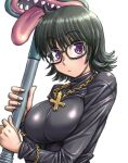  1girl amania_orz black_hair breasts closed_mouth cross cross_necklace glasses hunter_x_hunter jewelry large_breasts looking_at_viewer necklace purple_eyes shizuku_(hunter_x_hunter) short_hair simple_background solo tongue turtleneck vacuum_cleaner white_background 