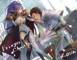  1boy 1girl absurdres alternate_costume armor black_hair breasts cape closed_eyes commission commissioner_upload fire_emblem fire_emblem:_genealogy_of_the_holy_war fire_emblem:_thracia_776 fire_emblem_heroes highres holding_hands ishtar_(fire_emblem) jewelry kiss kissing_hand kneeling kojijima pauldrons purple_hair reinhardt_(fire_emblem) shoulder_armor skeb_commission smile watermark 