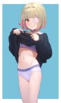  1girl black_sweater blue_background bob_cut bra clothes_lift collar eyepatch feet_out_of_frame grey_hair highres hip_bones lifted_by_self makaino_ririmu multicolored_hair navel nijisanji panties pink_collar pink_hair pointy_ears purple_bra purple_panties red_eyes sabamen short_hair smile solo streaked_hair sweater sweater_lift two-tone_background two-tone_hair underwear virtual_youtuber 