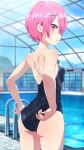  absurdres adjusting_clothes ass back blush breasts camui1104 cloud day from_behind hair_ornament hair_over_one_eye hairclip highres looking_at_viewer looking_back open_mouth pink_eyes pink_hair pool ram_(re:zero) re:zero_kara_hajimeru_isekai_seikatsu school_swimsuit short_hair sky small_breasts standing swimsuit wet window 
