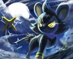  cloud commentary_request electricity highres luxio moon night no_humans outdoors penta_oekaki pokemon pokemon_(creature) signature sky standing yellow_eyes 