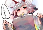  animal_humanoid big_ears blush breasts capelet clothed clothing female grey_hair hair hi_res humanoid inner_ear_fluff japanese_text low-angle_view mammal mammal_humanoid medium_breasts mouse_humanoid murid murid_humanoid murine murine_humanoid nazrin open_mouth red_eyes rodent rodent_humanoid sabitare shirt short_hair solo speech_bubble teeth text topwear touhou translation_request tuft video_games 