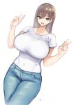  1girl blue_eyes breasts brown_hair curvy denim eyebrows_visible_through_hair hair_between_eyes highres jeans large_breasts long_hair meme50 non-web_source original pants shirt simple_background smile solo standing v white_background white_shirt 