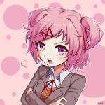  1girl bangs broly_matsumoto brown_jacket collared_shirt commentary_request crossed_arms doki_doki_literature_club dotted_background hair_ornament hair_ribbon jacket light_blush long_sleeves looking_at_viewer medium_hair natsuki_(doki_doki_literature_club) neck_ribbon open_mouth pink_background pink_hair pink_theme purple_eyes ribbon shirt signature solo twintails upper_body white_shirt 