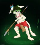  accessory anthro barefoot blue_eyes bottomwear clothed clothing domestic_cat feather_in_hair feathers feet felid feline felis fighting_pose fur giru_(artist) grass green_body green_fur green_hair hair hair_accessory headband hi_res holding_object holding_spear holding_weapon male mammal melee_weapon plant polearm pose ribbons skimpy solo spear standing striped_body striped_fur stripes topless weapon white_body white_fur xelm young 