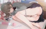  1girl 3d airpods anal_beads anus bare_legs bare_shoulders black_skirt bow bowtie bracelet brown_hair cellphone censored closed_eyes commentary female_masturbation fingering full_body grey_panties grey_sweater heart heart_censor highres hitachi_magic_wand jewelry long_sleeves lying masturbation on_bed on_side original panties panty_pull parted_lips phone plaid plaid_bow plaid_bowtie pleated_skirt pussy pussy_juice red_bow red_bowtie sex_toy shakecmaid skirt sleeves_past_wrists smartphone solo stuffed_animal stuffed_shark stuffed_toy sweater symbol-only_commentary twintails underwear vaginal vibrator 