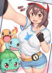  1girl bangs baseball_cap blurry blush breasts brown_hair bulbasaur character_request charmander collarbone commentary_request covered_nipples depth_of_field fangs feet_out_of_frame fingerless_gloves fire gloves green_eyes hat highres holding long_hair looking_at_viewer navel open_mouth orizen pokemon pokemon_(creature) ponytail puffy_nipples red_eyes selfie shirt short_sleeves simple_background smile squirtle starter_pokemon_trio tareme translation_request white_background 